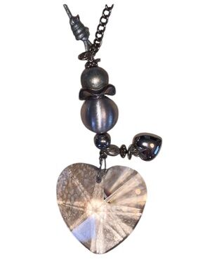 BIG CRYSTAL HEART Necklace long leather cord, silver beads, chain.